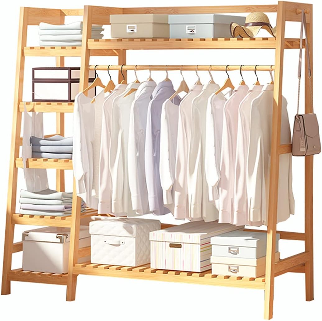 Garment Rack Wooden Clothing Garment Rack with Shelves Heavy Duty Clothes Hanging Rails Wood Clothes Hanger Rack Open Wardrobe Closet Coat Stands Multifunctional,130x42x140cm