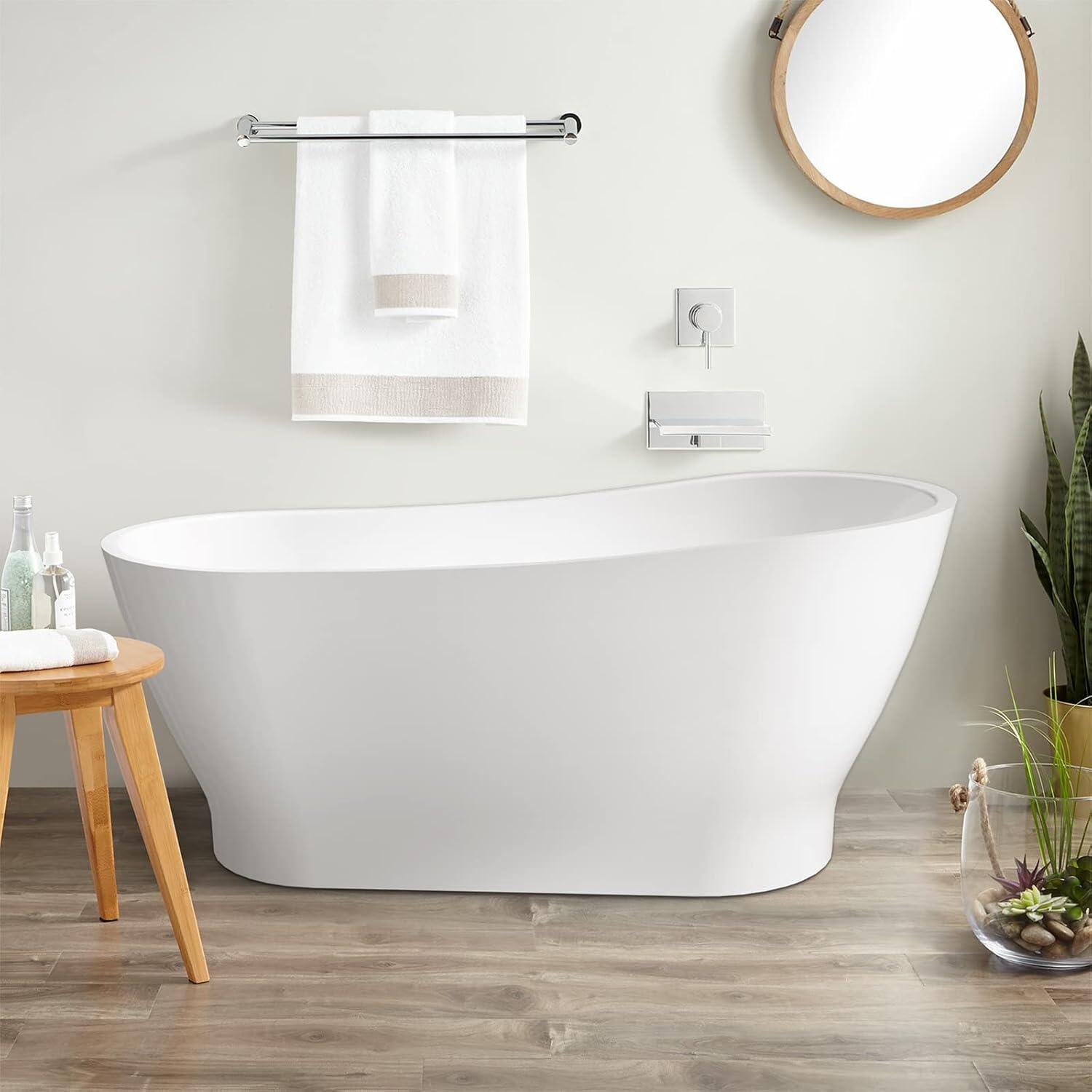 59' Acrylic Freestanding Bathtub, Elegant Skirted Free Standing Tub, Soaking Tub with Integrated Slotted Overflow, Toe-Tap Chrome Drain, cUPC Certified, Glossy White