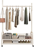 Rolling Garment Rack, Portable Closet Wardrobe with Storage Basket and 4 Hooks Clothing Rack Freestanding Closet Metal Clothing Rack for Bedroom Living Room Office Mudroom