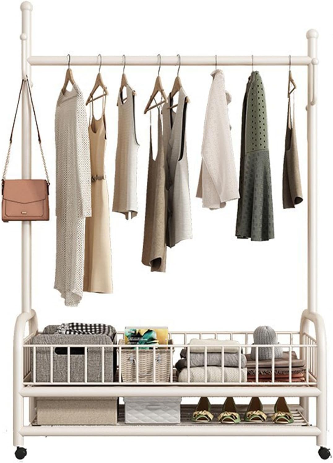 Rolling Garment Rack, Portable Closet Wardrobe with Storage Basket and 4 Hooks Clothing Rack Freestanding Closet Metal Clothing Rack for Bedroom Living Room Office Mudroom
