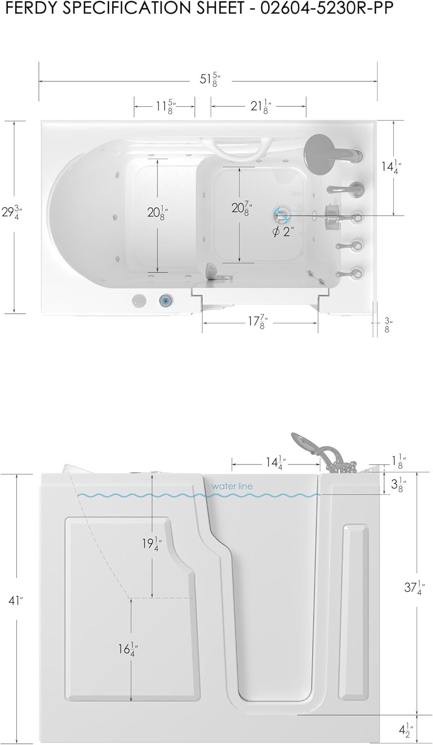 FerdY 52' x 30' Walk-in Whirlpool Bathtub with Right-Side Door Opening, 14 Air & Water Jets, Quick Fill and Drain System, Shower Combo with Rectangular Soaking Bathtub in White, Floridian