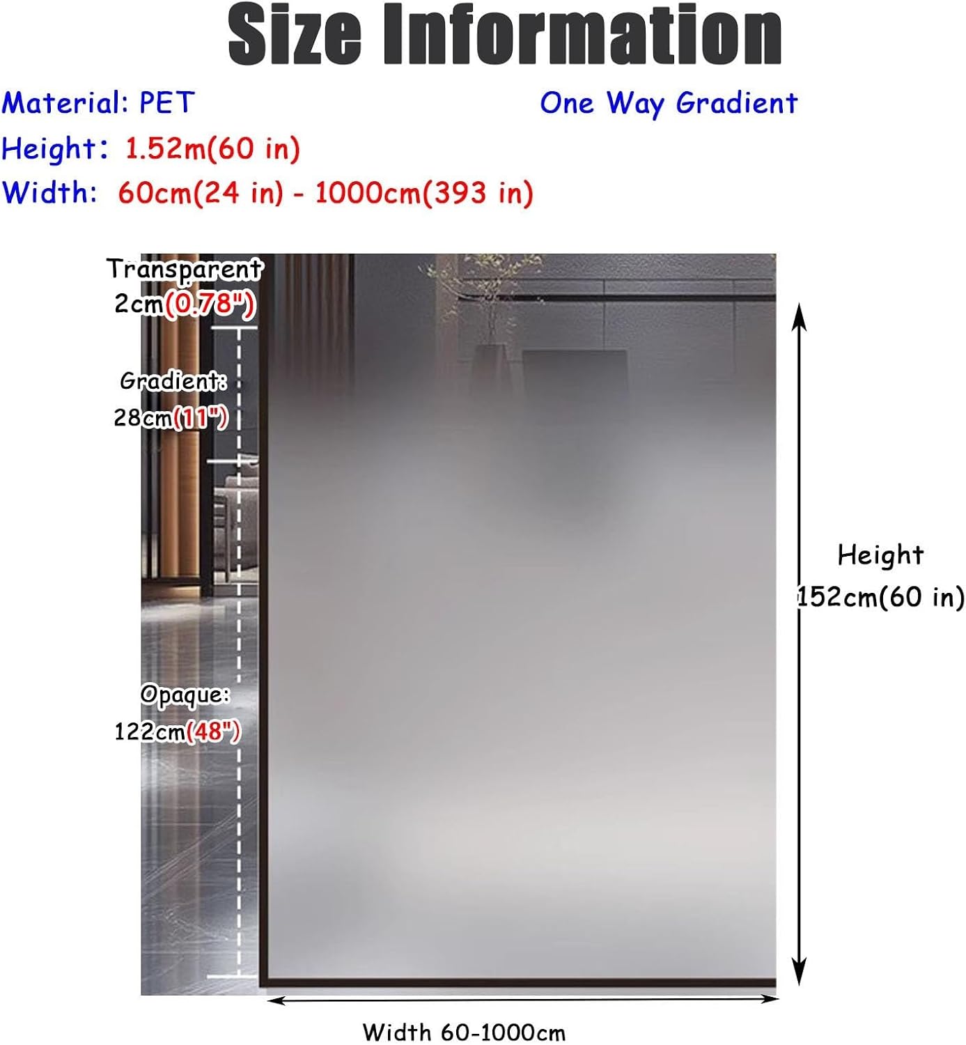 Gradient Window Film Gradient Frosted Glass Film for Shower Door, 5 ft High Self-Adhesive Window Privacy Film Decorative, One Way Door Sticker Gradual Films, Custom Wide(WxH-127x152cm/50x60in)
