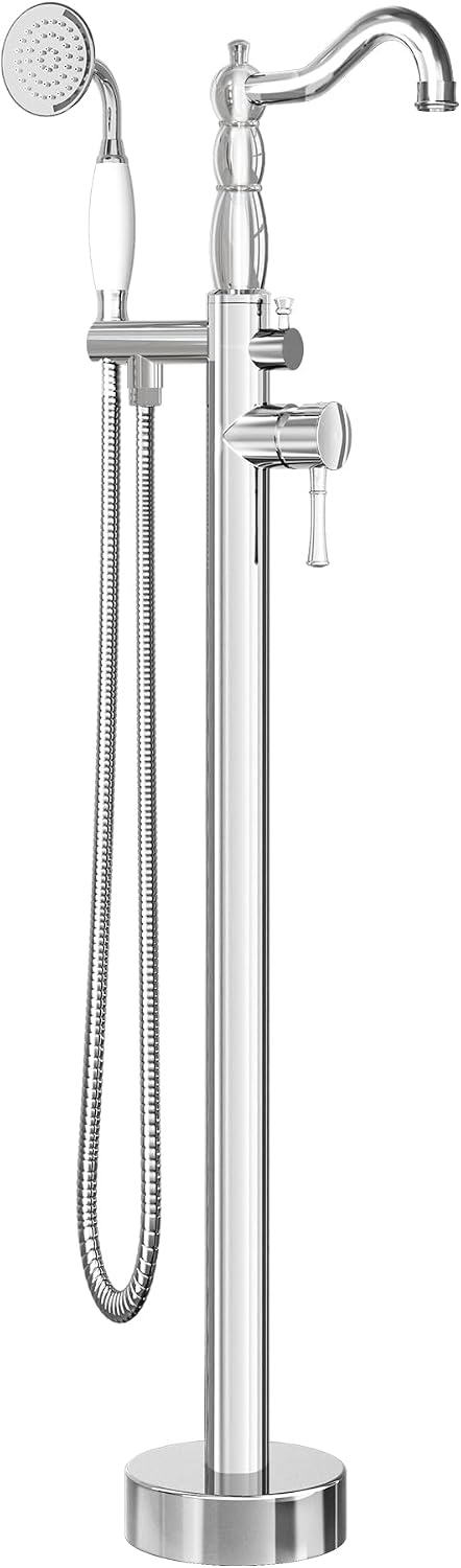SUPERFLO Freestanding Bathtub Faucet Chrome Tub Fillers Freestanding, Brass Free Standing Tub Faucet Floor Mounted Tub Faucet With Ceramic Retro Hand Shower & Water Hose