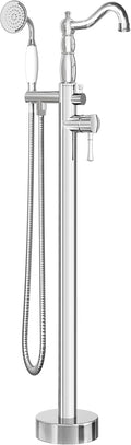 SUPERFLO Freestanding Bathtub Faucet Chrome Tub Fillers Freestanding, Brass Free Standing Tub Faucet Floor Mounted Tub Faucet With Ceramic Retro Hand Shower & Water Hose