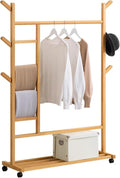 Ribbon Rack Craft Room Garment Rack Heavy Duty Clothes Rail On Wheels Multifunctional Coat Rack with 6 Hooks and Shelves Natural Clothing Rack for Bedroo