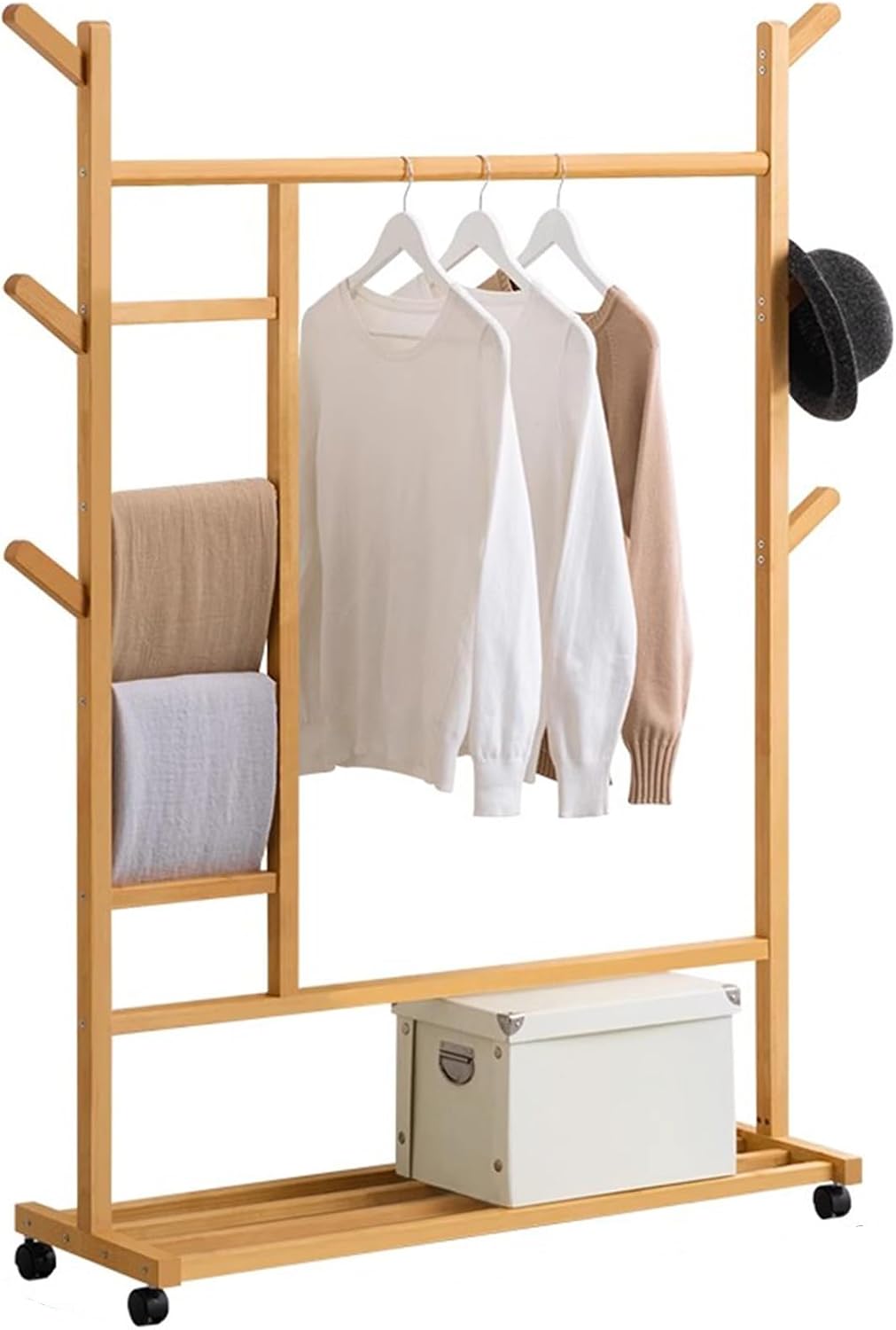 Ribbon Rack Craft Room Garment Rack Heavy Duty Clothes Rail On Wheels Multifunctional Coat Rack with 6 Hooks and Shelves Natural Clothing Rack for Bedroo