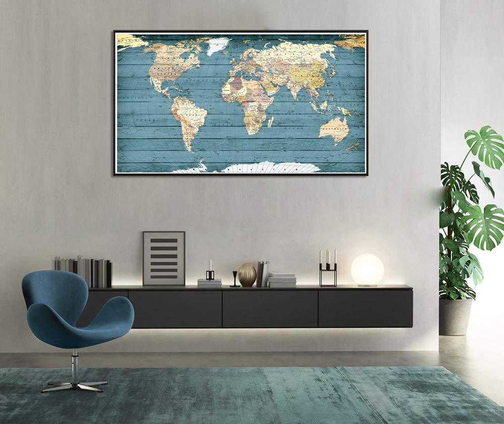 Welmeco XLarge Blue Rustic Wood Background Detailed World Map Canvas Prints with Black Frame Vintage Travel Map of The World Picture for Modern Home Office Living Room Decoration, 32x55inch Large Size