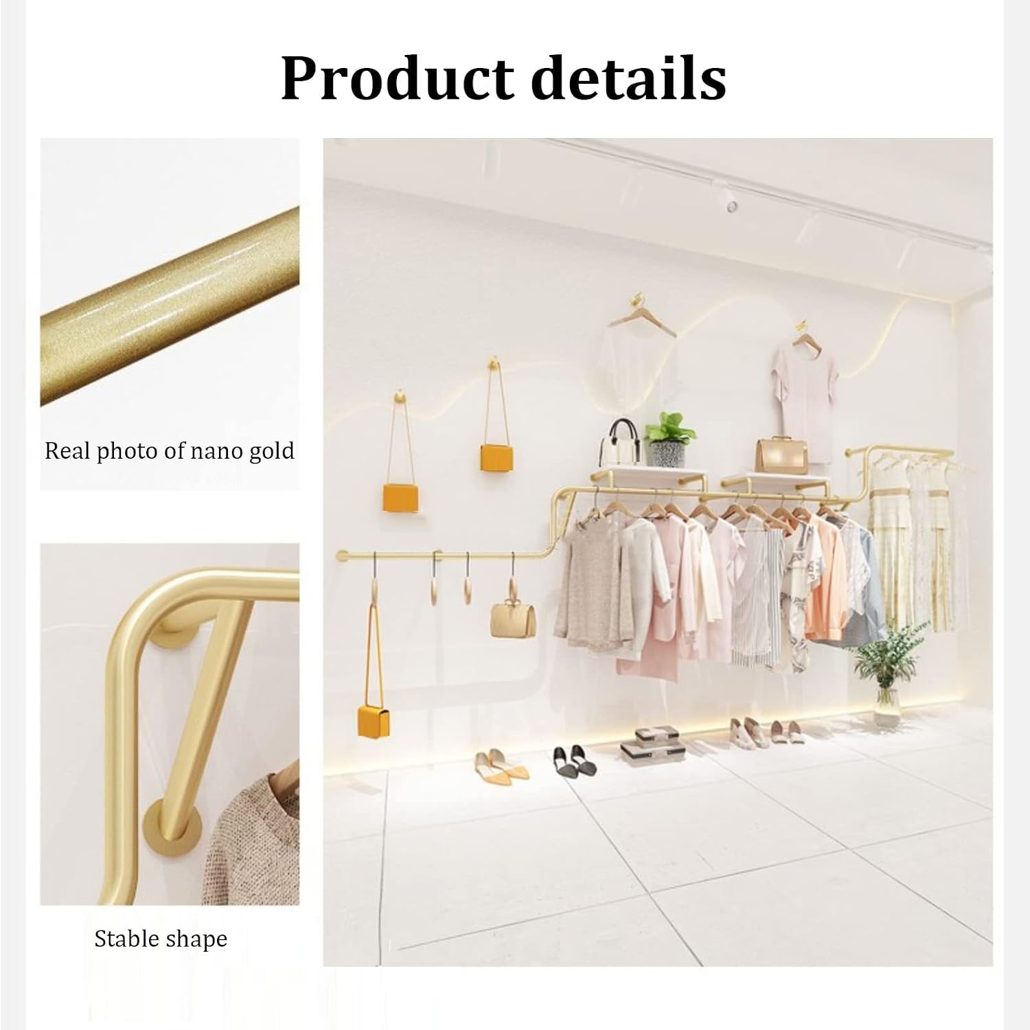 Boutique Retail Garment Rack,Modern Industrial Pipe Wall Mounted Garment Rack,Heavy Duty Multi-Purpose Hanging Bar with Shelves,Gold Closet Organizer System(L 300cm