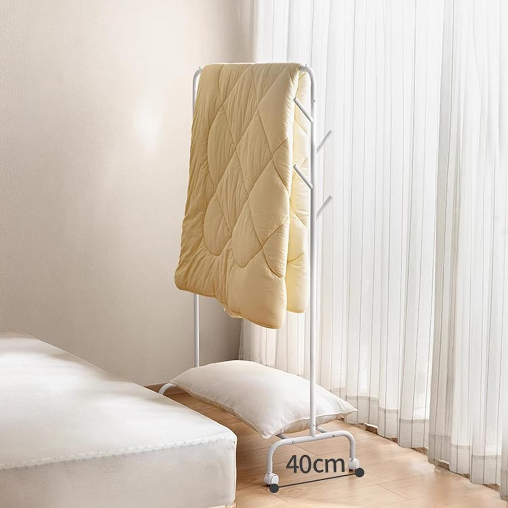 Garment Rack Heavy Duty Clothing Rack with Wheels, White Metal Clothes Rack with Hanging Rod and 4 Hooks, Retail Display Rack for Hanging Clothes, Portable Clothes Organizer for Bedroom