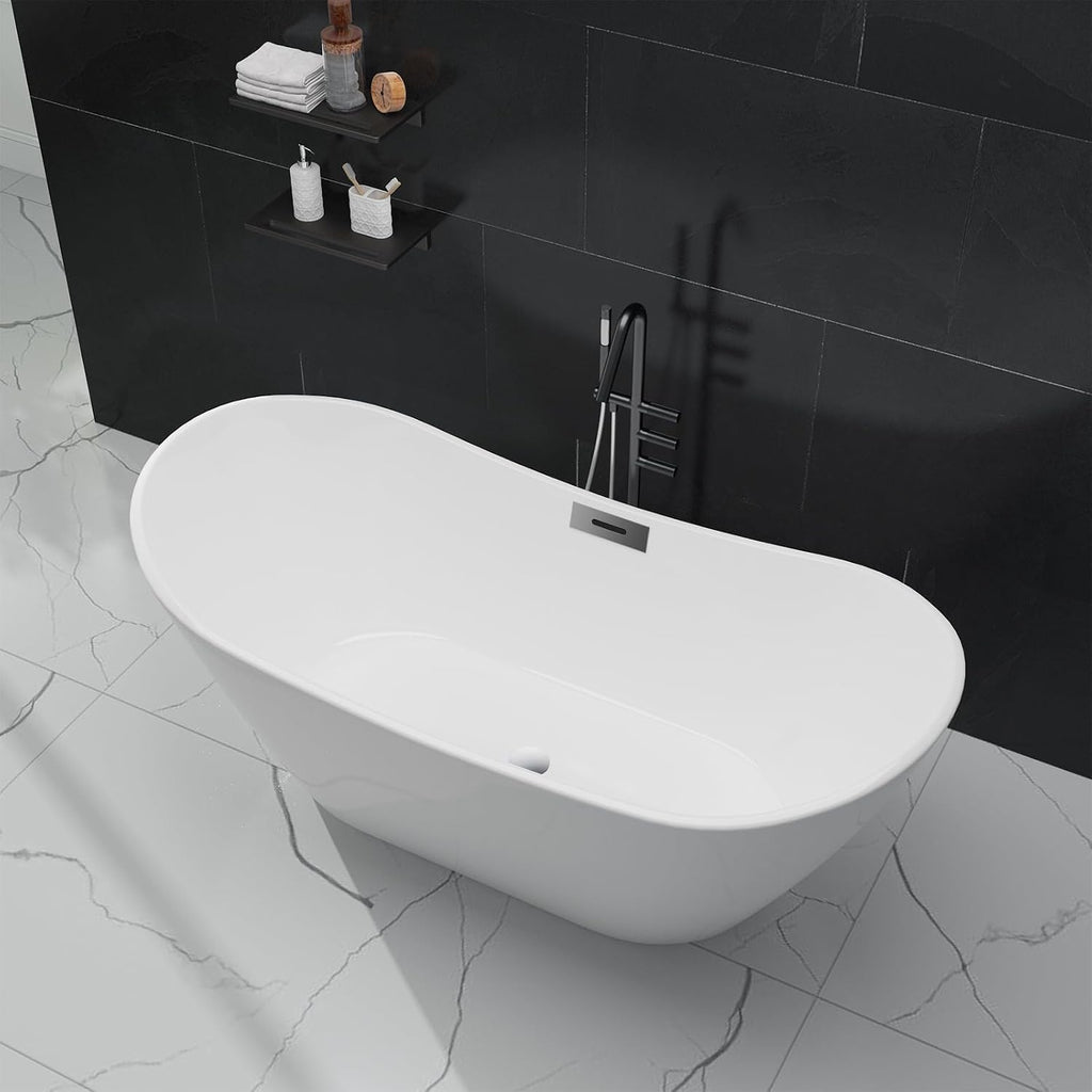 59' Freestanding Bathtub Acrylic Oval Soaking Tub, Chrome Drain and Overflow Cover, Contemporary Stand Alone Bath for Family or Guest Use (Glossy White)