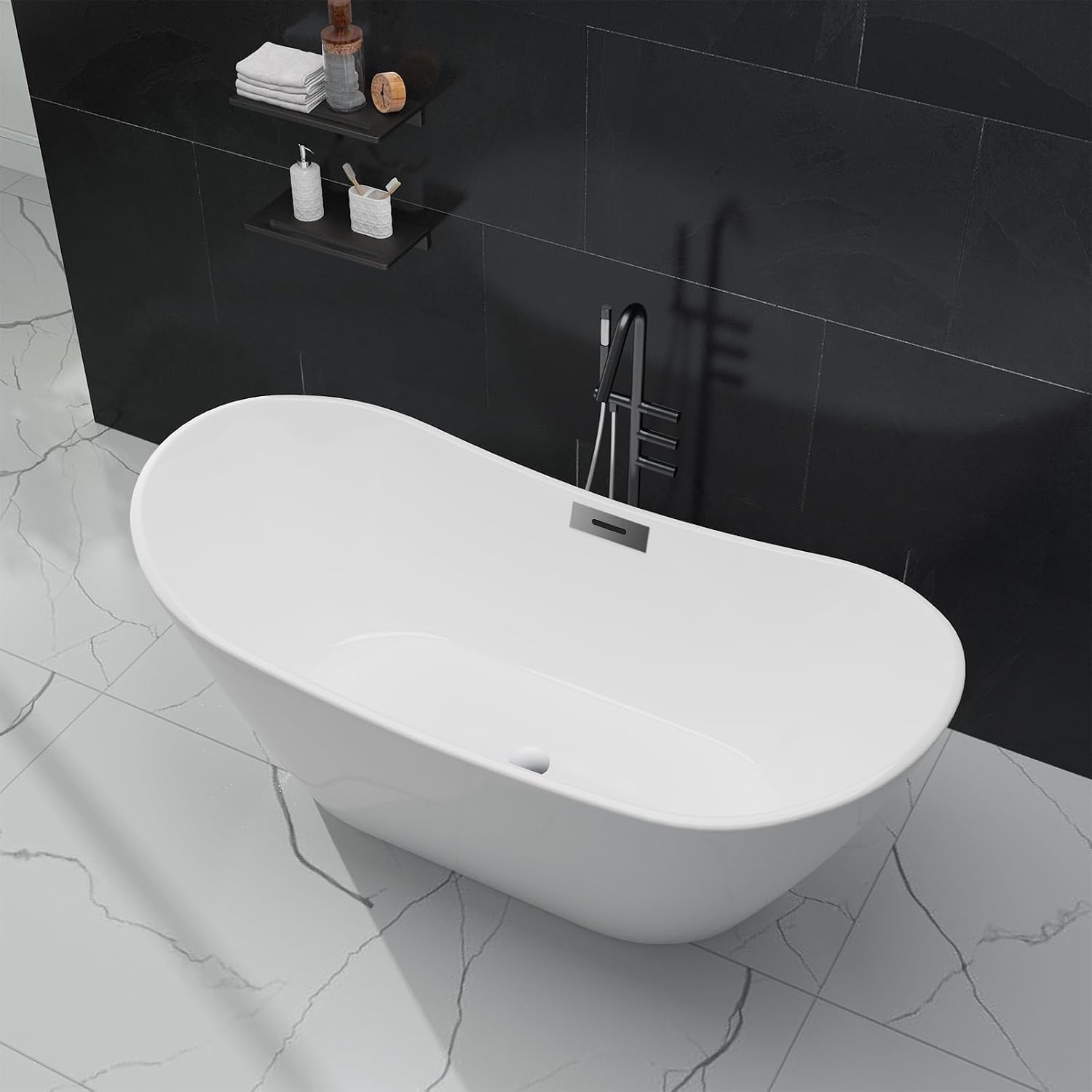59' Freestanding Bathtub Acrylic Oval Soaking Tub, Chrome Drain and Overflow Cover, Contemporary Stand Alone Bath for Family or Guest Use (Glossy White)
