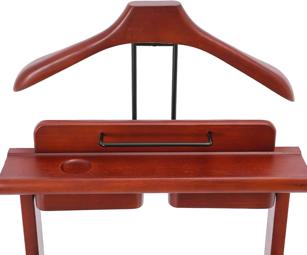 Suit Valet Stand Reddish Orange, Freestanding Clothes Rack with Wheels & Drawers, Solid Birch Wood, 66lbs Capacity, for Bedroom Hotel Entryway