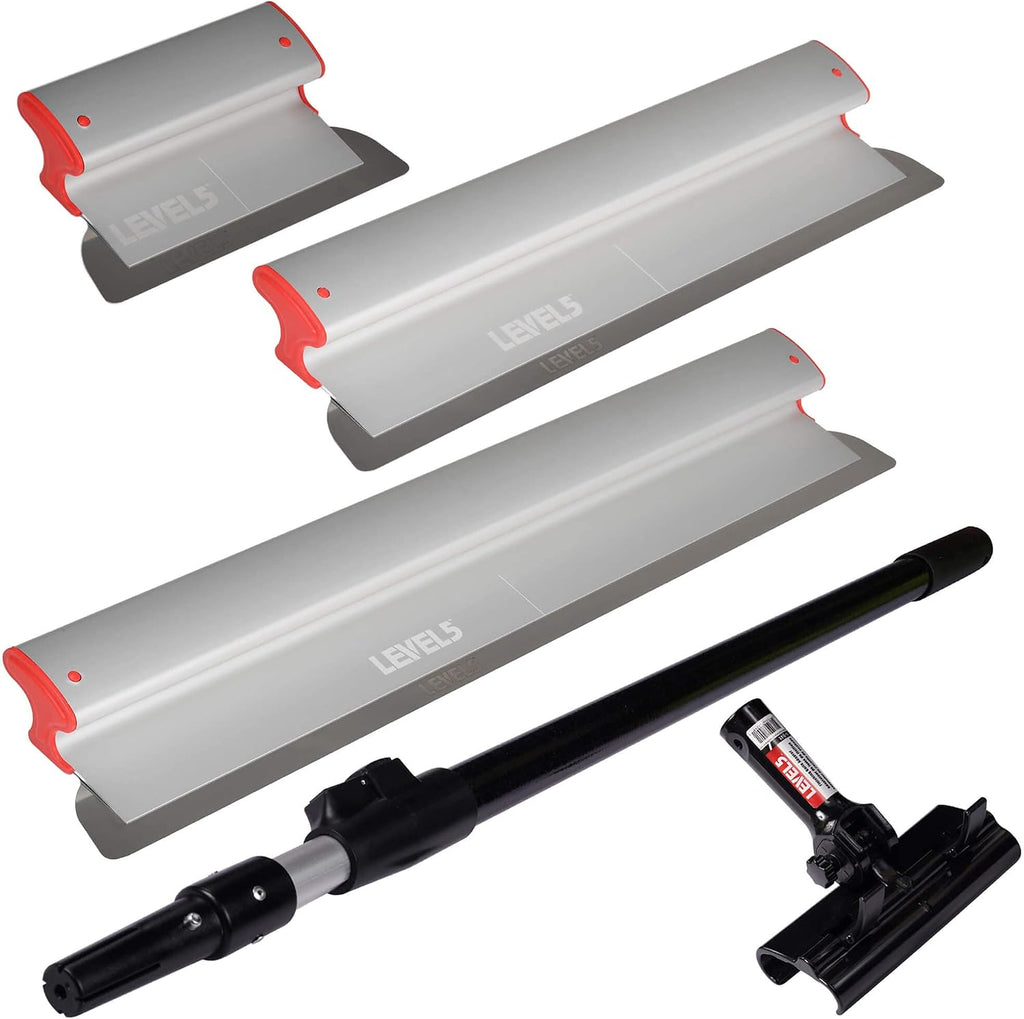 LEVEL5 Drywall Skimming Blade Set | 10, 24 & 32 Inch Skimming Blades, 37-63 Inch Extension Handle | Aluminum Body & Stainless Steel Blade | For Smoothing Walls and Ceilings | 5-441