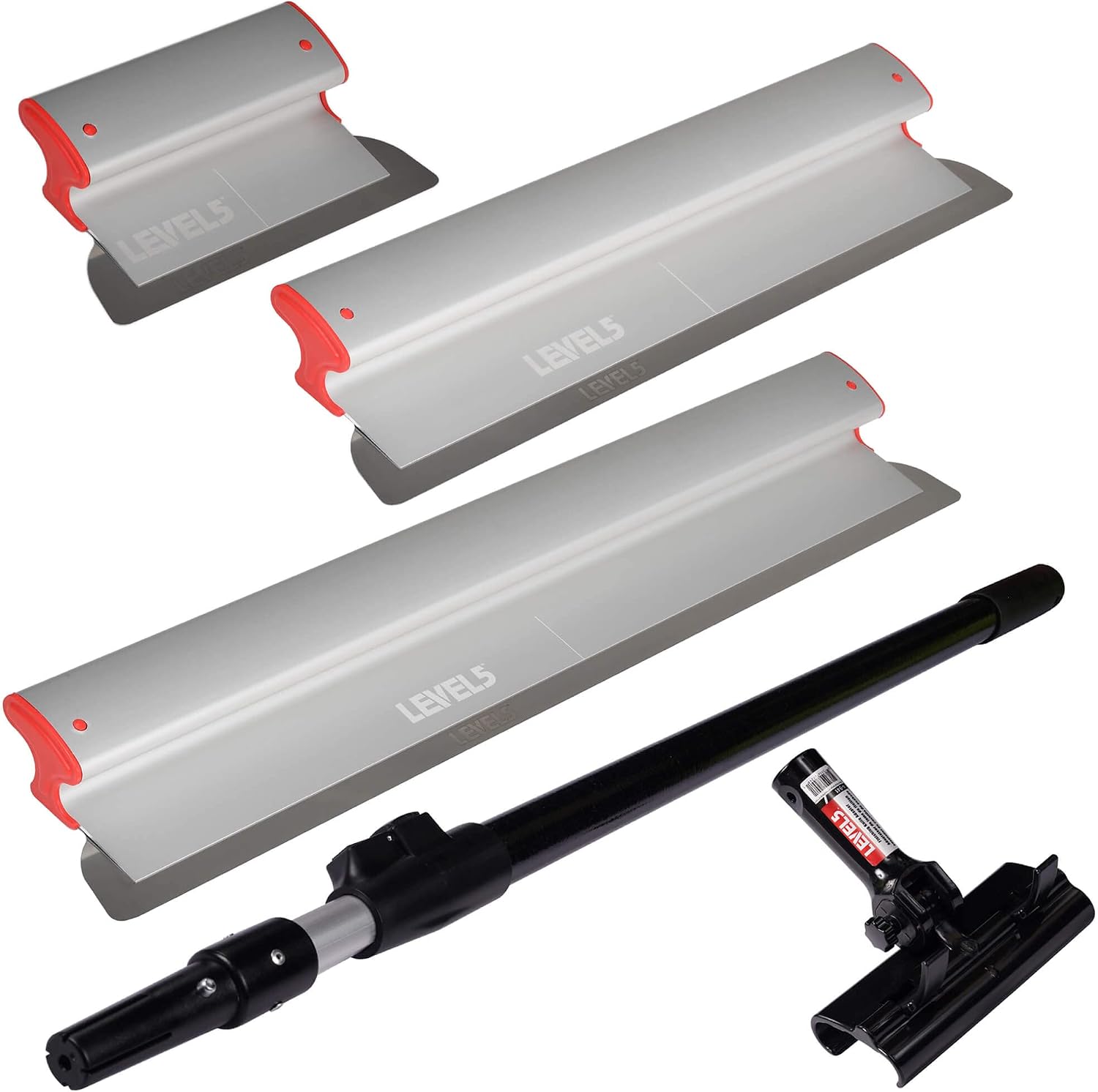 LEVEL5 Drywall Skimming Blade Set | 10, 24 & 32 Inch Skimming Blades, 37-63 Inch Extension Handle | Aluminum Body & Stainless Steel Blade | For Smoothing Walls and Ceilings | 5-441