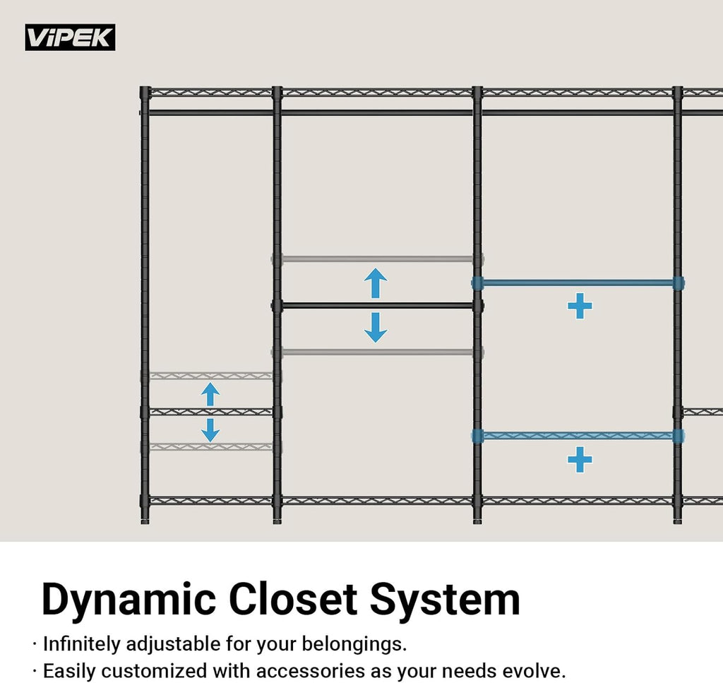 VIPEK V5 Medium Portable Closet Wardrobe Heavy Duty Clothes Rack, Freestanding Closet Metal Clothing Rack with 4 Hang Rods & 8 Shelves, Adjustable Custom Closet Rack, 56.7' Lx15.7 Wx76.4 H, Black