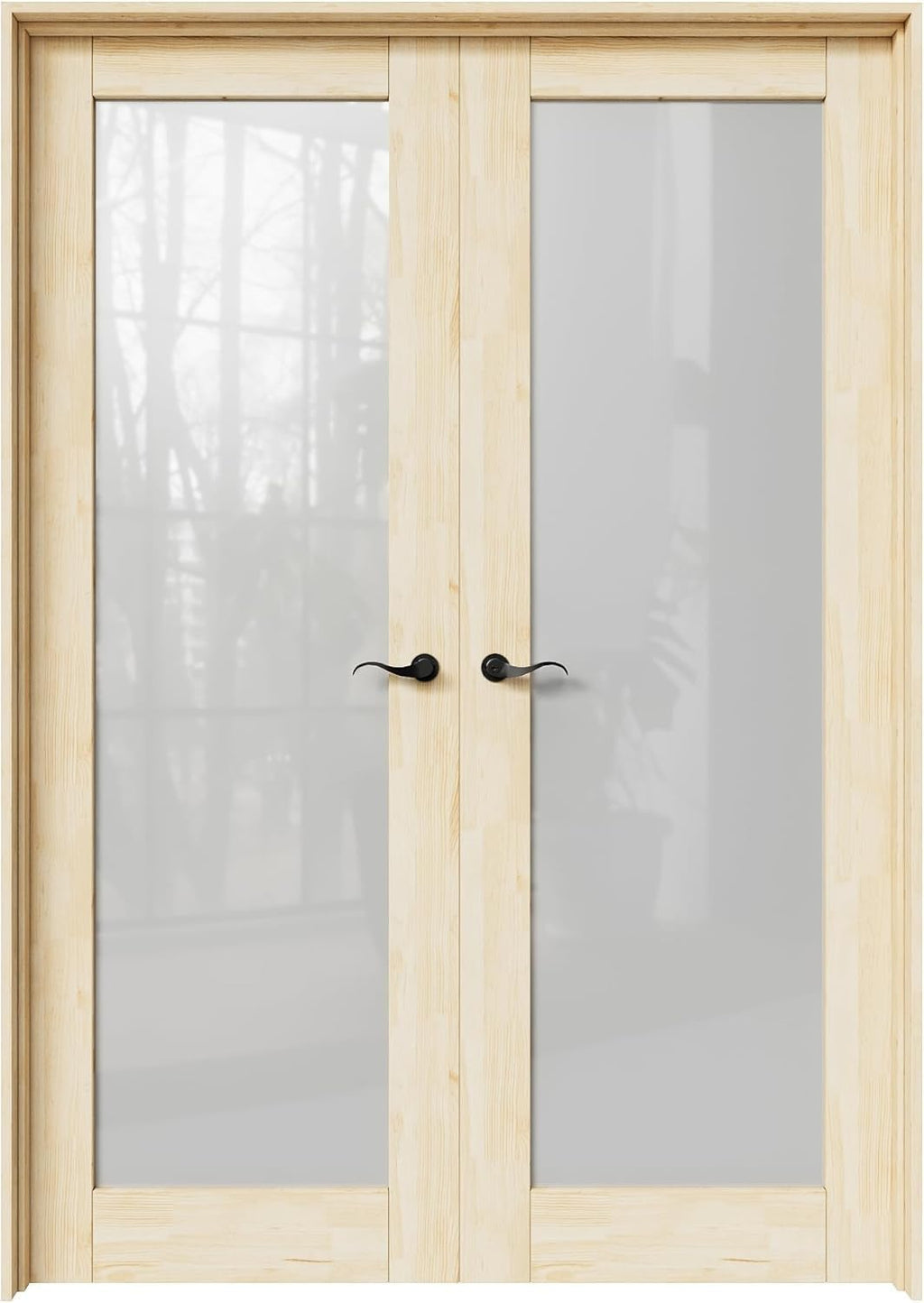 36' x 80' French Doors Interior (Double 18' x 80' Frosted Glass Pine Wood Door with Black Hinge Prehung Jamb Kit), Unifinished Natural Wood, Prebuilt Home Door Panels & Assembly Required Jamb