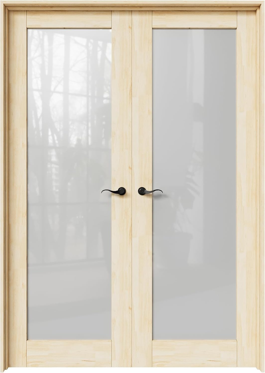 36' x 80' French Doors Interior (Double 18' x 80' Frosted Glass Pine Wood Door with Black Hinge Prehung Jamb Kit), Unifinished Natural Wood, Prebuilt Home Door Panels & Assembly Required Jamb