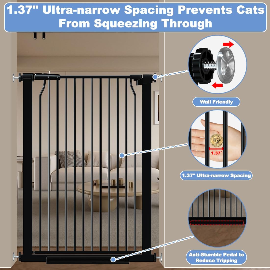 40.55' Extra Tall Baby Gate for Stairs-40.6'-54.7' Wide 1.37' Ultra Narrow Spacing Extra Wide Pet Cat Gate Dog Gate-Auto-Close Pressure Mounted Dog Door for Pets and Kids,Black