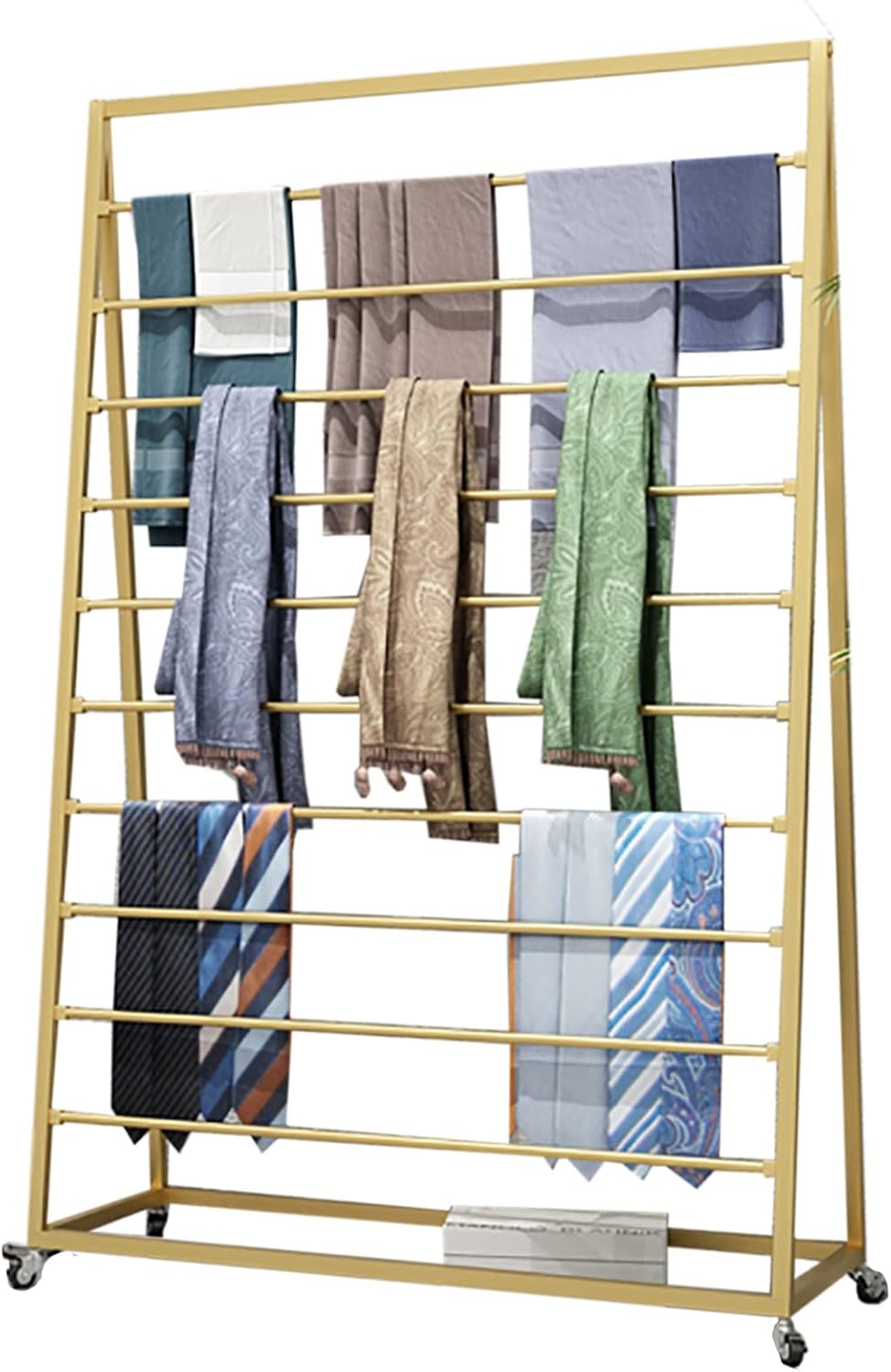 Rolling Scarf Rack Display Stand on Wheels, Floor Standing Metal Scarf Multi-Purpose Holder Organizer for Shawl/Belts/Ties/Pants/Cloths, Large Capacity (Gold)