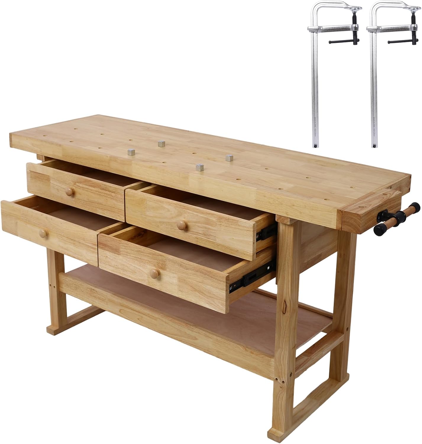 60in Workbench with 4 Drawers Wooden Workbench for Garage Workshop and Home, with Bar Clamps (4, Set 16' x 4.8' Throat)