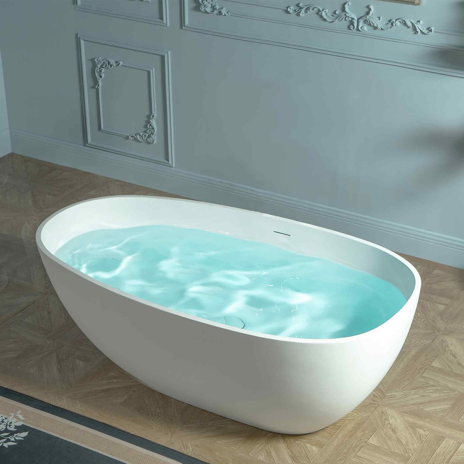 WOODBRIDGE 59' Egg-Shaped Solid Surface Freestanding Soaking Tub, Modern Oval Stone Resin Bathtub with Integrated Slotted Overflow & Drain, Matte White, EST0701