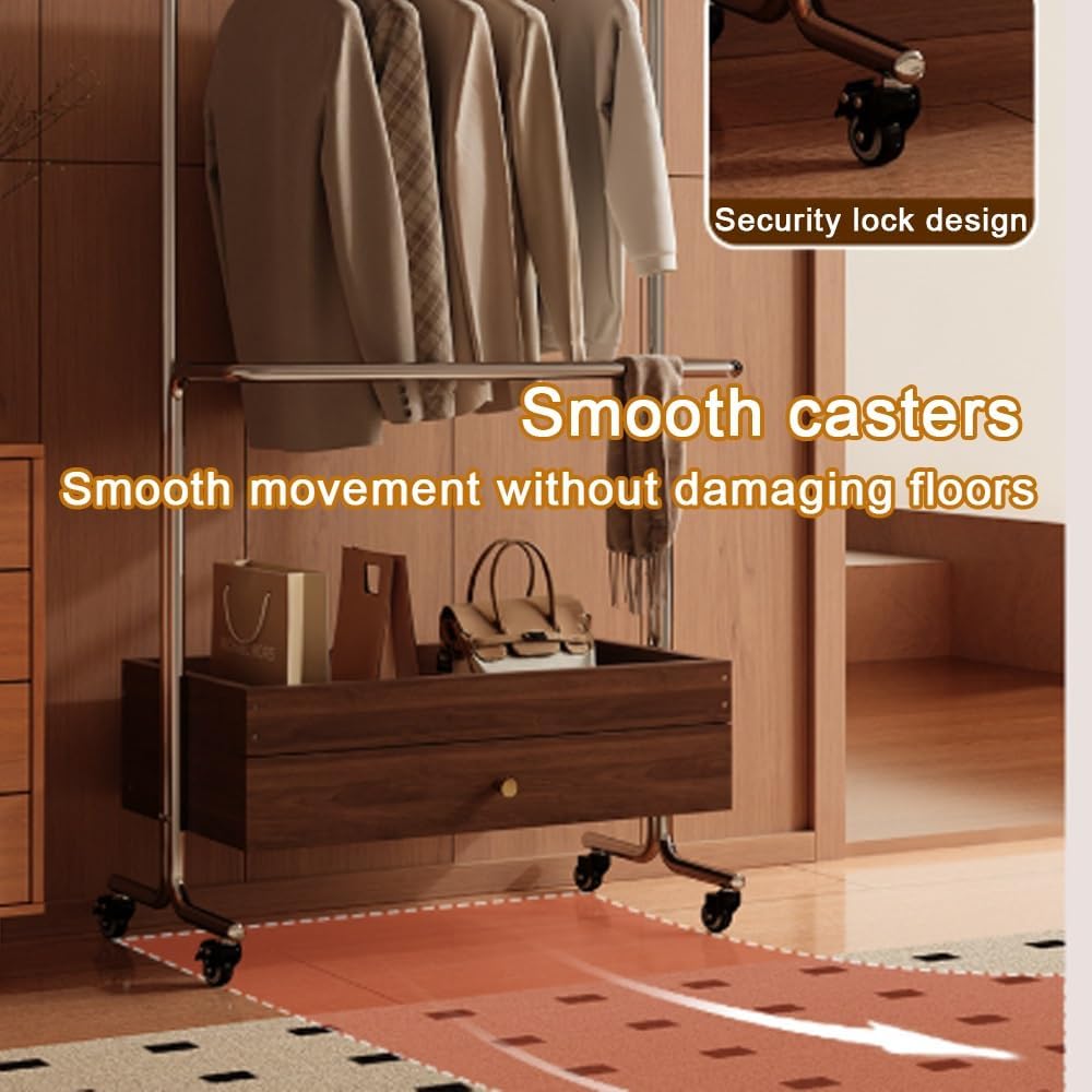 Metal Frame Coat Rack Freestanding, Mobile Clothing Racks with Wheels, Retro Coat Stand with Solid Wood Drawer, Multifunctional Clothes Rack for Bedroom, Cloakroom(61cm-24in)