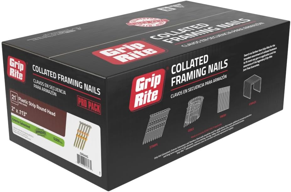 Grip-Rite 21 Degree Framing Nails - Exterior Galvanized Nails for Wood-to-Wood Framing Projects - Plastic Strip Collated Fastener - Round Head - Ring Shank - 2' x .113' - 5000 Count - GR04HG