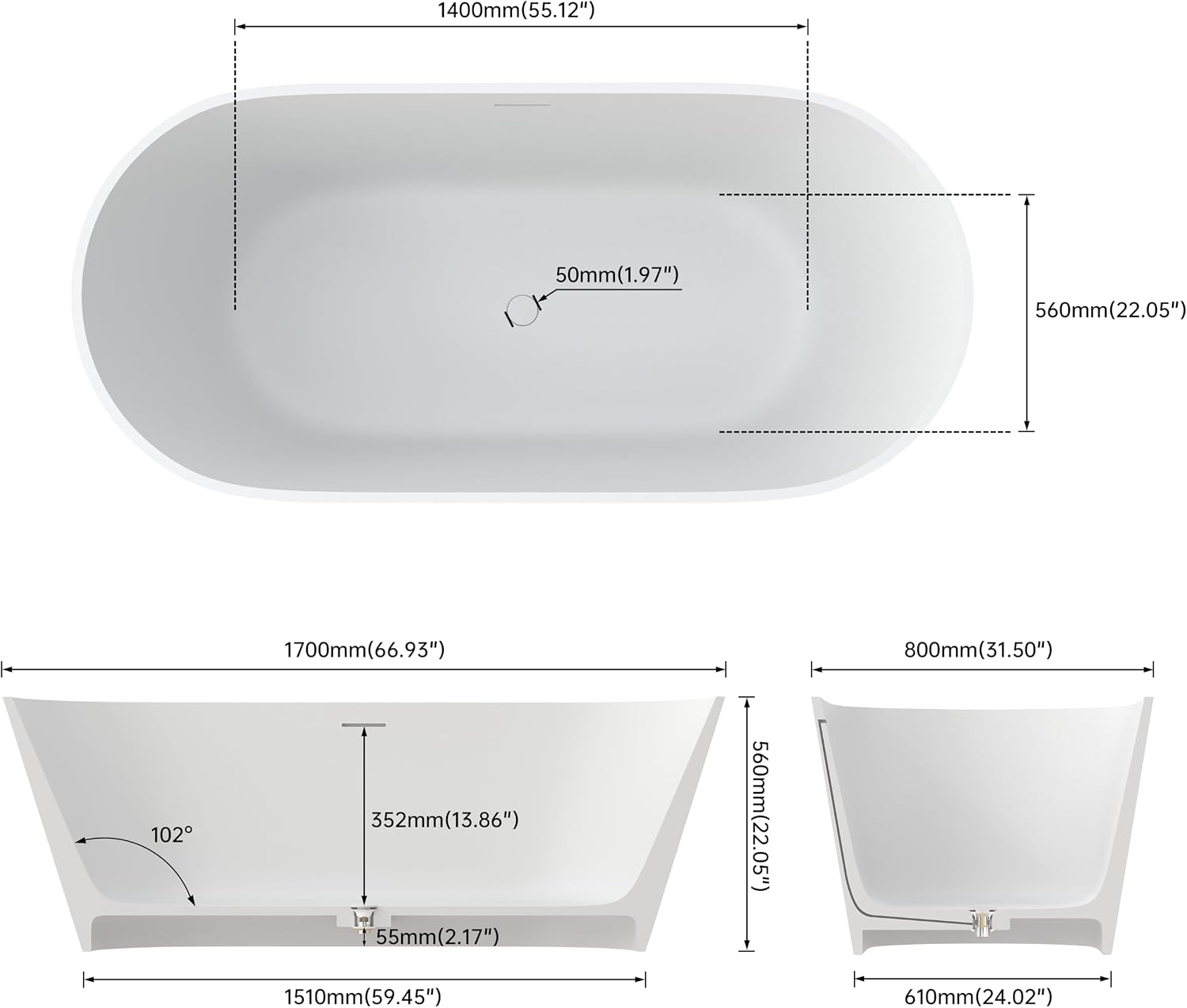 67' Premium Freestanding Bathtub,Solid Surface Soaking Tub with Overflow and Pop-up Drain, Matte White