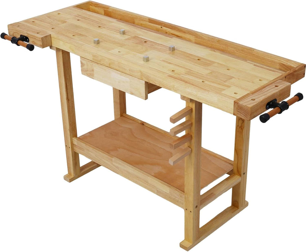 55-Inch Wood Workbench - Wooden Workbench for Garage Workshop and Home Throat for Enhanced Workshop Experience, Versatile & Spacious with Bar Clamps Set 2 pcs 12 inch x 3inch+ 2pcs 16inchx4-3/4,4pcs