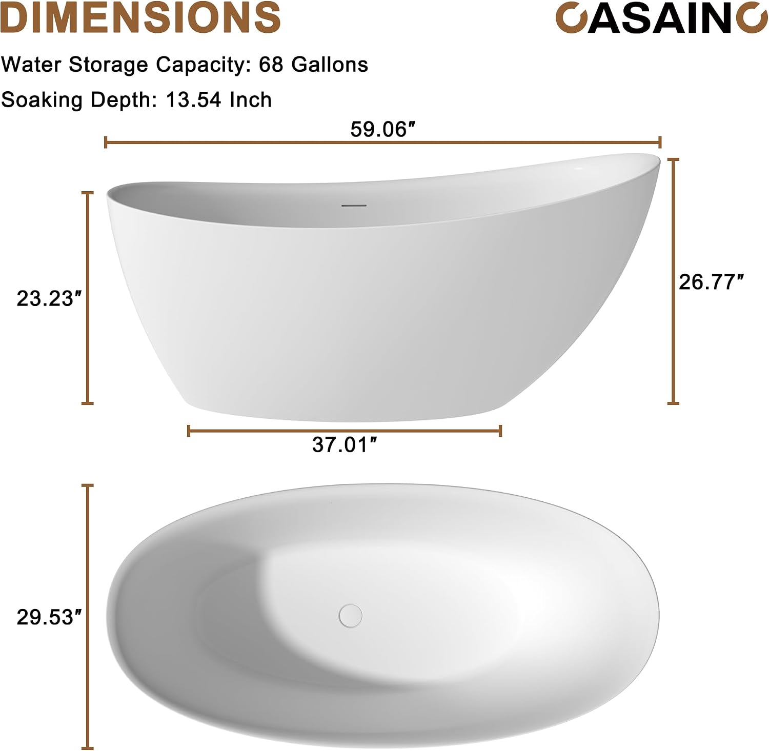 CASAINC 59'' Resin Stone Freestanding Bathtub with Pillow, Matte White Free Standing Bathtub Contemporary Soaking Stand Alone Tub, Overflow & Pop-up Drain, Drain Hose & Sanding Paper