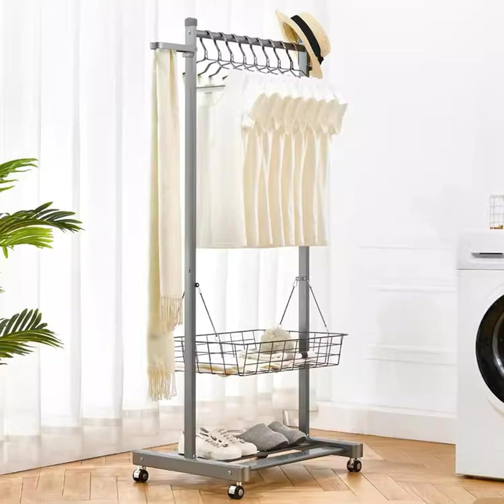 Heavy Duty Garment Rack Aluminum Alloy Clothes Rail On Wheel, Multifunctional Clothing Rack with 2 Foldable Hooks, Removable Storage Basket and Shelves, Space Saving Coat Rack for Bedroom