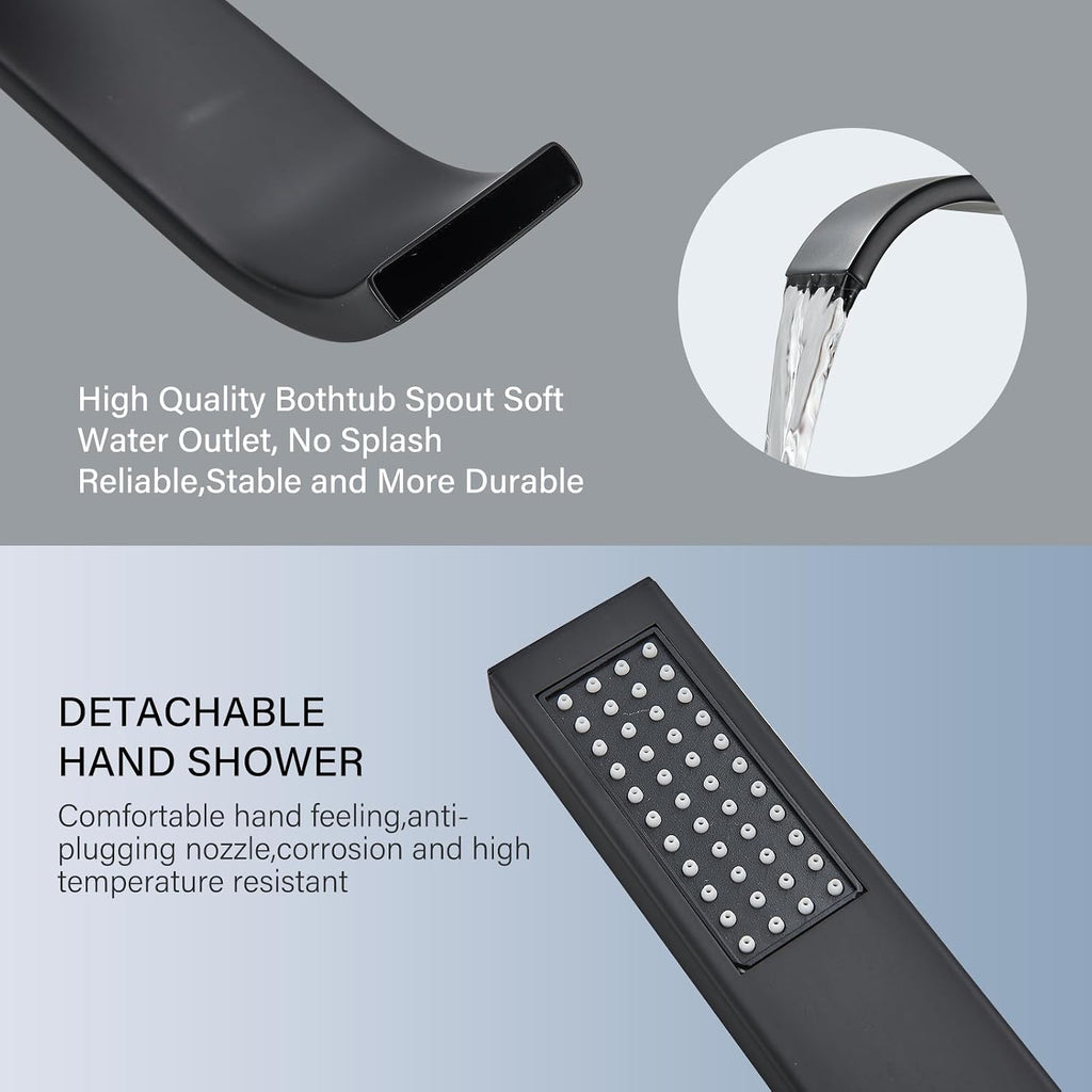 Freestanding Bathtub Faucet Matte Black Floor Mounted Tub Filler with Hand Shower Brass High Flow 360 Degree Swivel Standing Spout Mixer Taps
