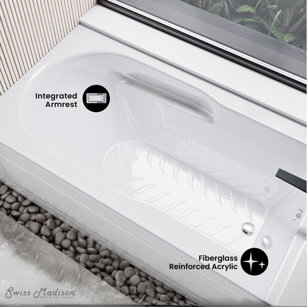 Bastille 60 x 30 Right Drain Soaking Alcove Bathtub in Glossy White with Integrated Armrest