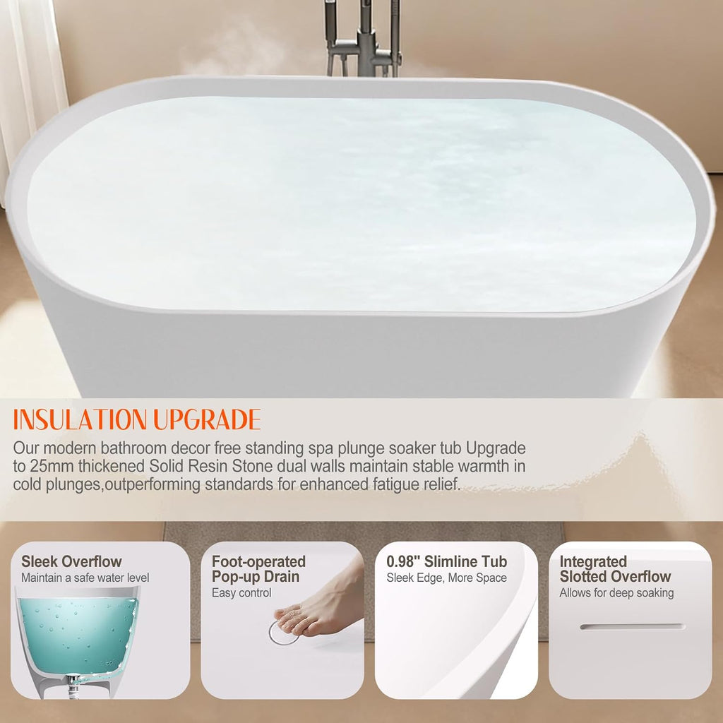 Stone Resin Freestanding Bathtubs,67'Solid Surface Matte White Modern Oval Upgrade 25mm ultra-thick edges Luxury Stand Alone Bathroom Bath Soaking Tub with Pop up Drain & Integrated Overflow
