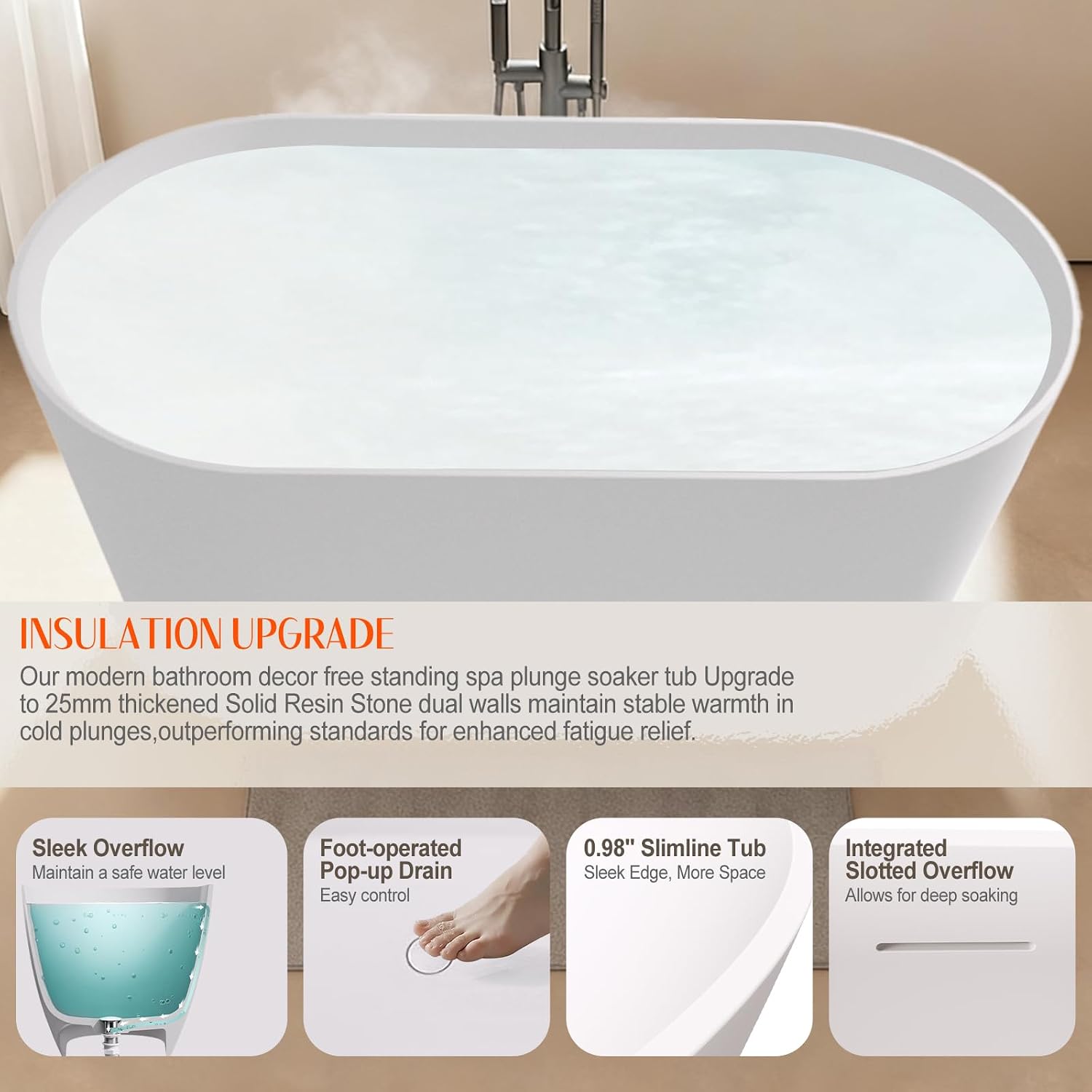 Stone Resin Freestanding Bathtubs,67'Solid Surface Matte White Modern Oval Upgrade 25mm ultra-thick edges Luxury Stand Alone Bathroom Bath Soaking Tub with Pop up Drain & Integrated Overflow