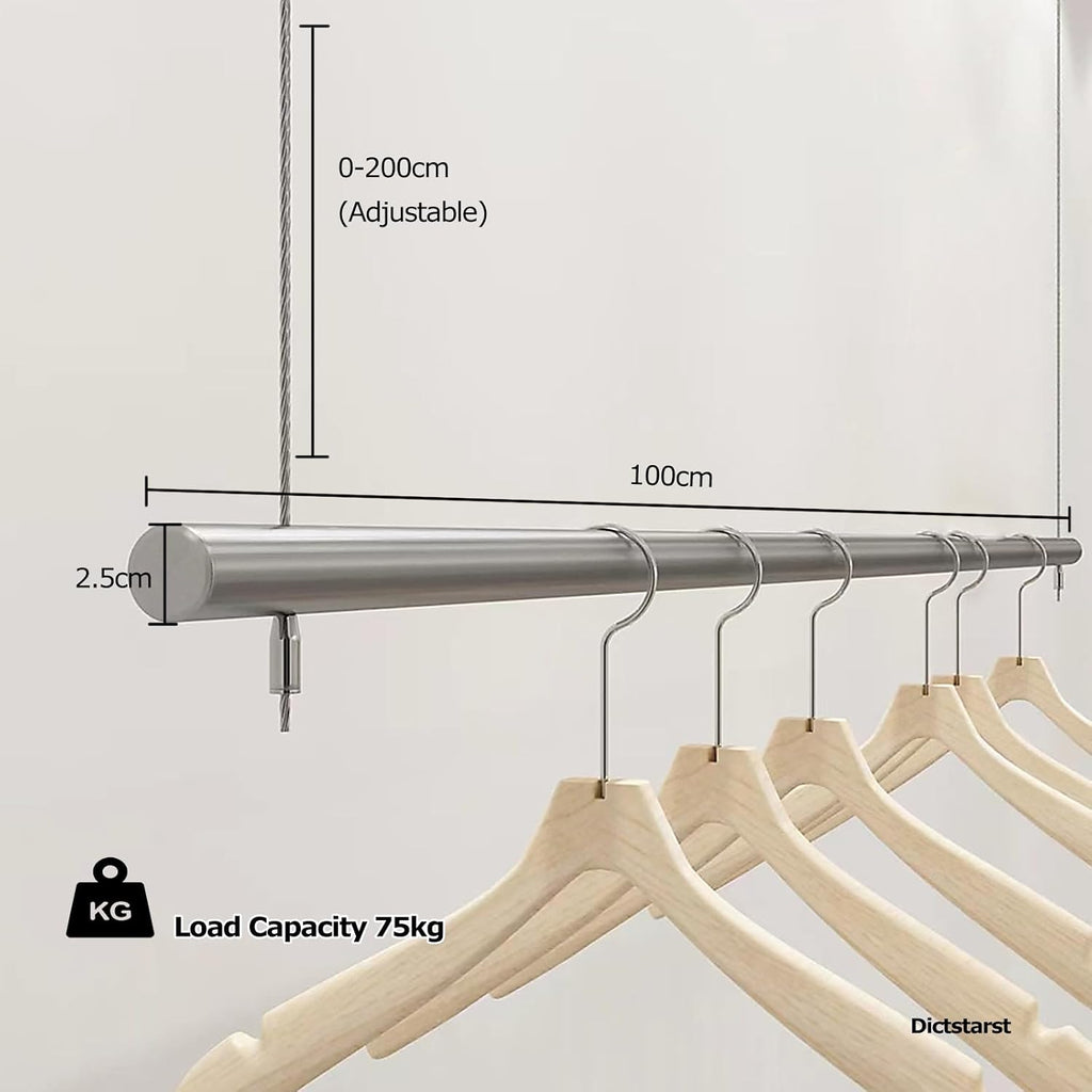 Wall Mounted Clothes Rail Adjustable 0-200cm Coat Rack,Bearing Weight 75kg Space-Saving Clothes Rail,Industrial Pipe Clothes Bar Rack,Hanging Garment Rack f(1pcs-100cm