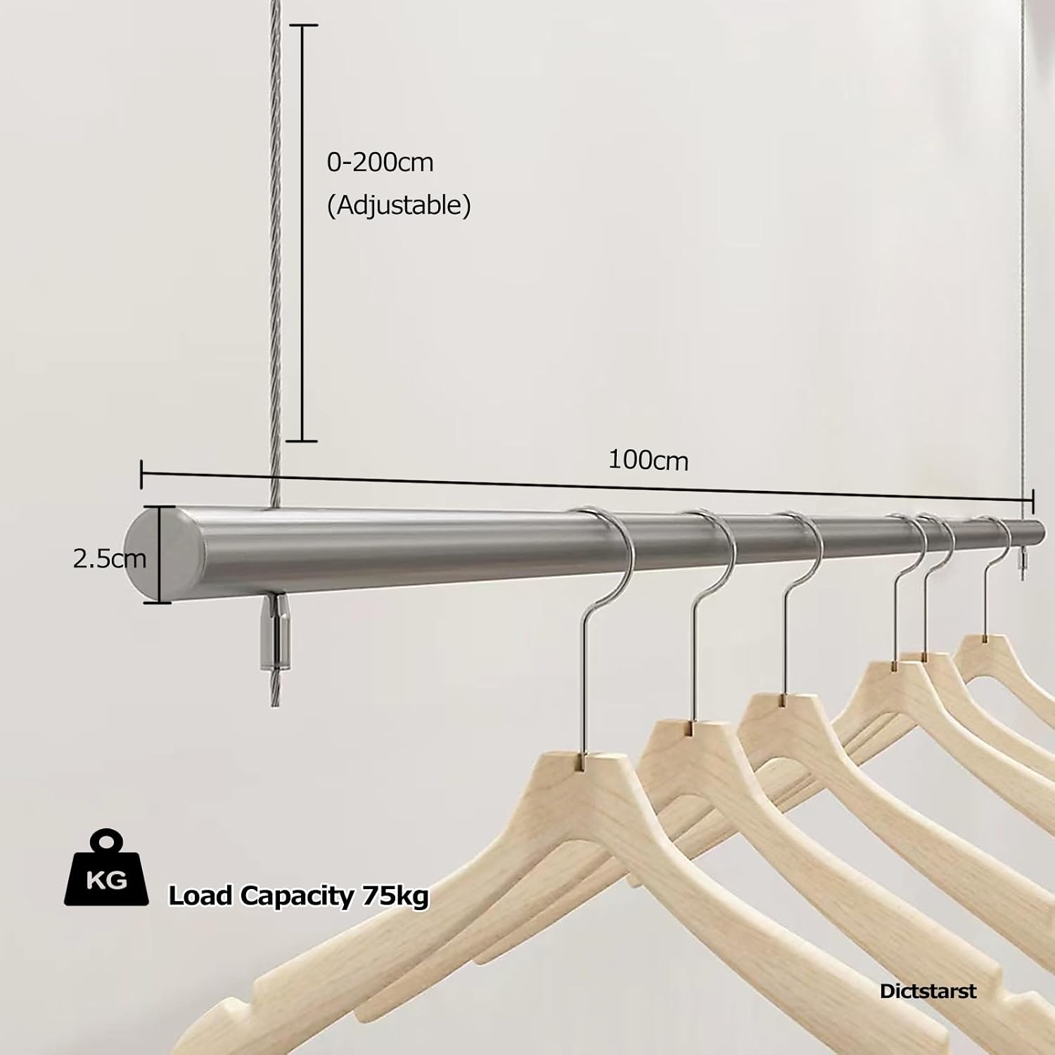 Wall Mounted Clothes Rail Adjustable 0-200cm Coat Rack,Bearing Weight 75kg Space-Saving Clothes Rail,Industrial Pipe Clothes Bar Rack,Hanging Garment Rack f(1pcs-100cm