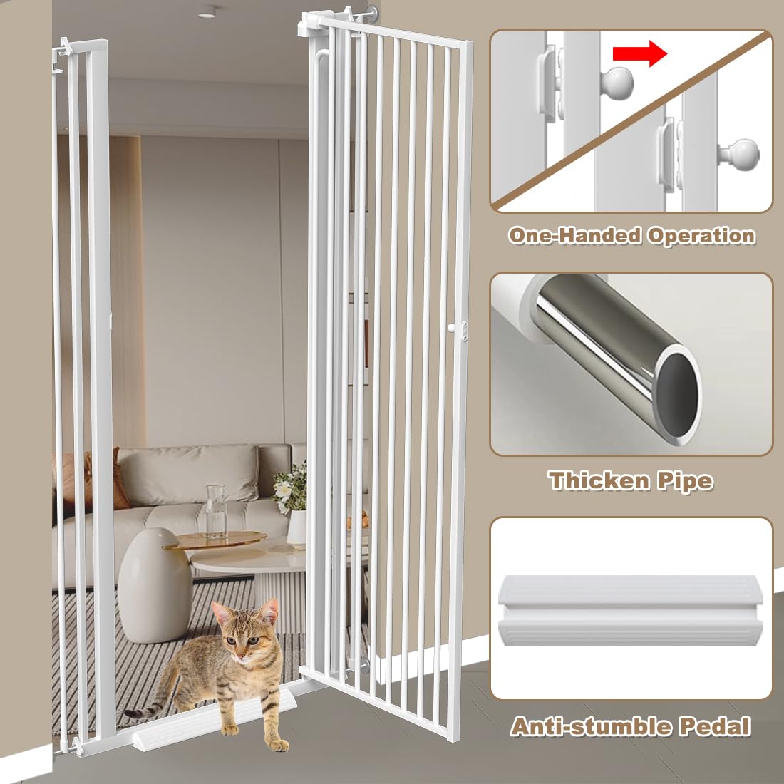 57' Extra Tall Cat Gate, 48.0'-52.7' Wide Pet Gate for Doorway, Pressure Mounted Tall Baby Gate with Door, Walk Through Dog Gate Indoor Stairs, Auto Close Cat Safety Gates, White