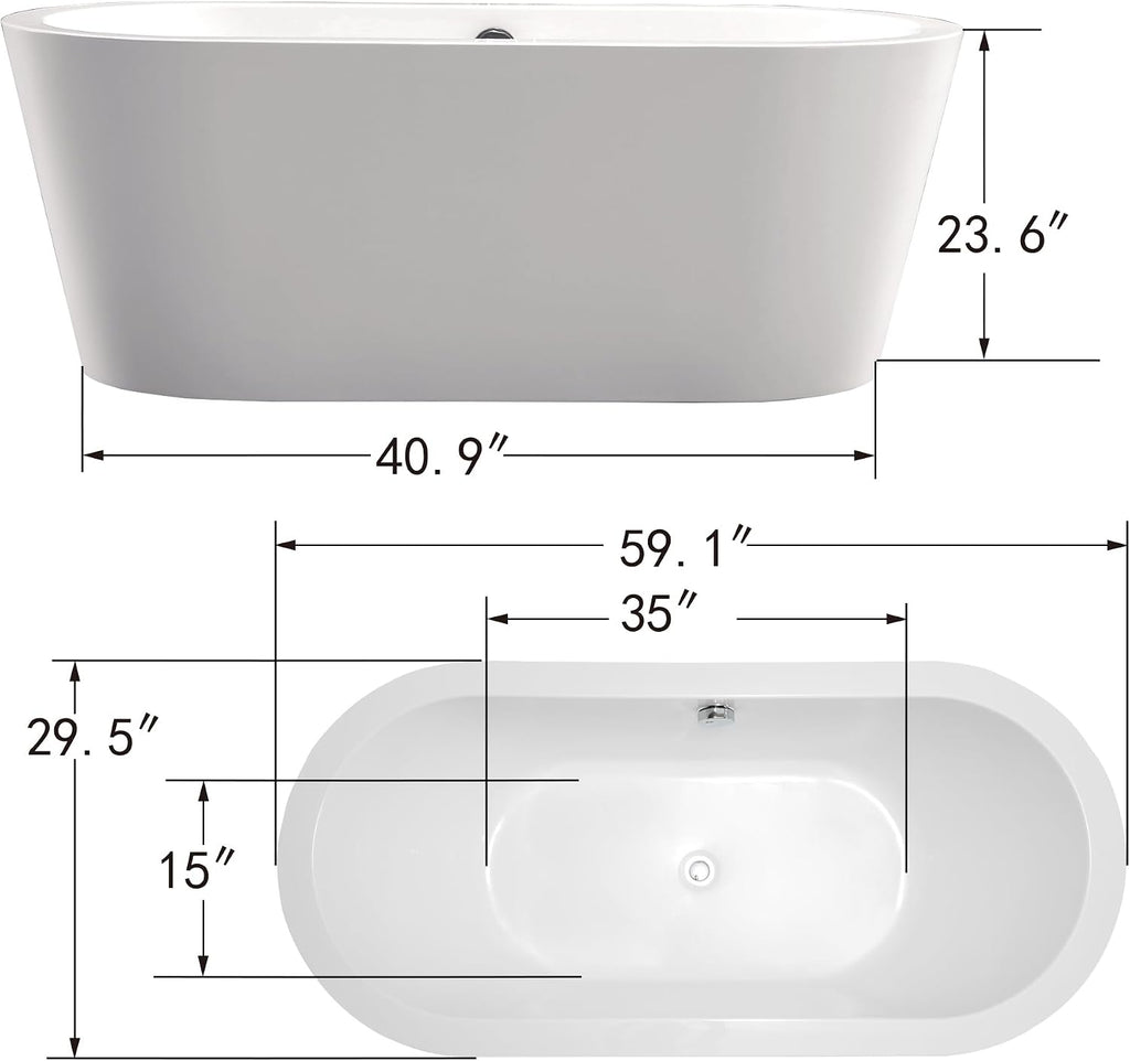 HomeBeyond 59 Inch White Freestanding Bathtub | Acrylic Free Standing Soaking Tub, Morden Bathroom Stand Alone Tub Suitable for 1 Person Bathing