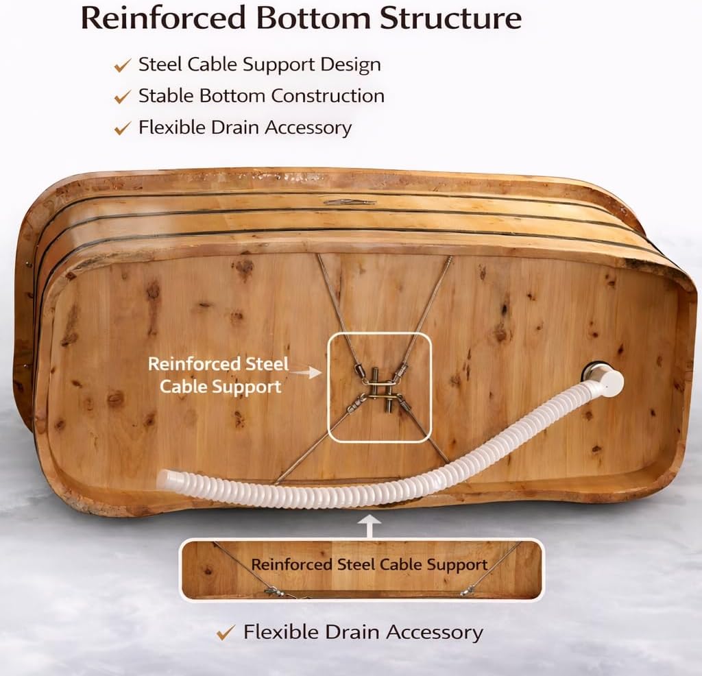 OGOLUOG Cedar Wood Soaking Tub Freestanding Wooden Bathtub with Adjustable Seat Backrest and Headrest, Adult Spa Bath Tub 47.2'–63' for Home Bathroom (NW, 55')
