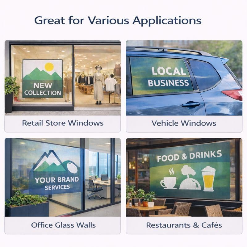 Custom Perforated Window Film – One Way Vision Storefront Window Decal, Personalized Business Window Sign for Retail & Restaurant Advertising, Outside Visible Inside Clear (36' × 72')