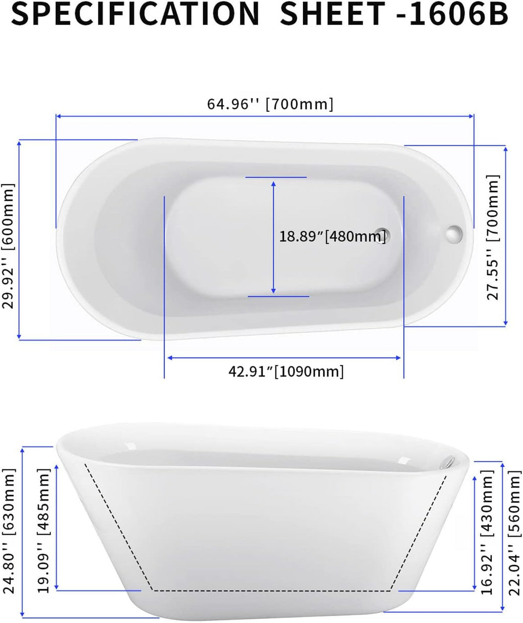 65' Acrylic Freestanding Bathtub, Single Slipper Free Standing Tub, Soaking Tub with Integrated Slotted Overflow, Toe-Tap Chrome Drain, cUPC Certified, Glossy White