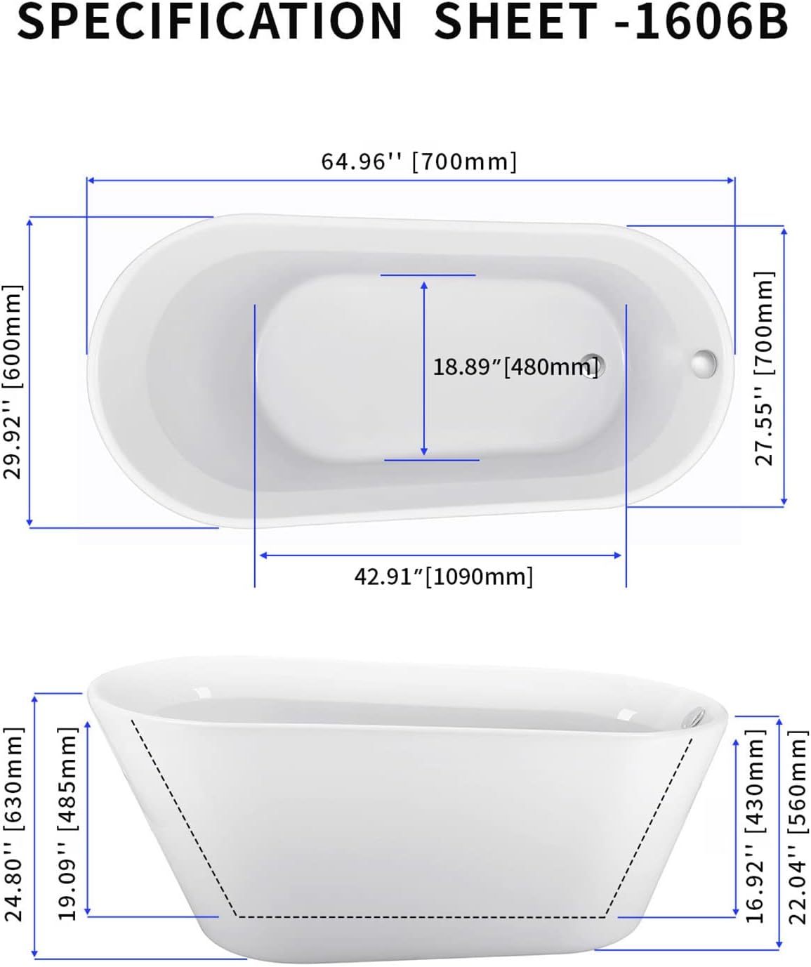 65' Acrylic Freestanding Bathtub, Single Slipper Free Standing Tub, Soaking Tub with Integrated Slotted Overflow, Toe-Tap Chrome Drain, cUPC Certified, Glossy White