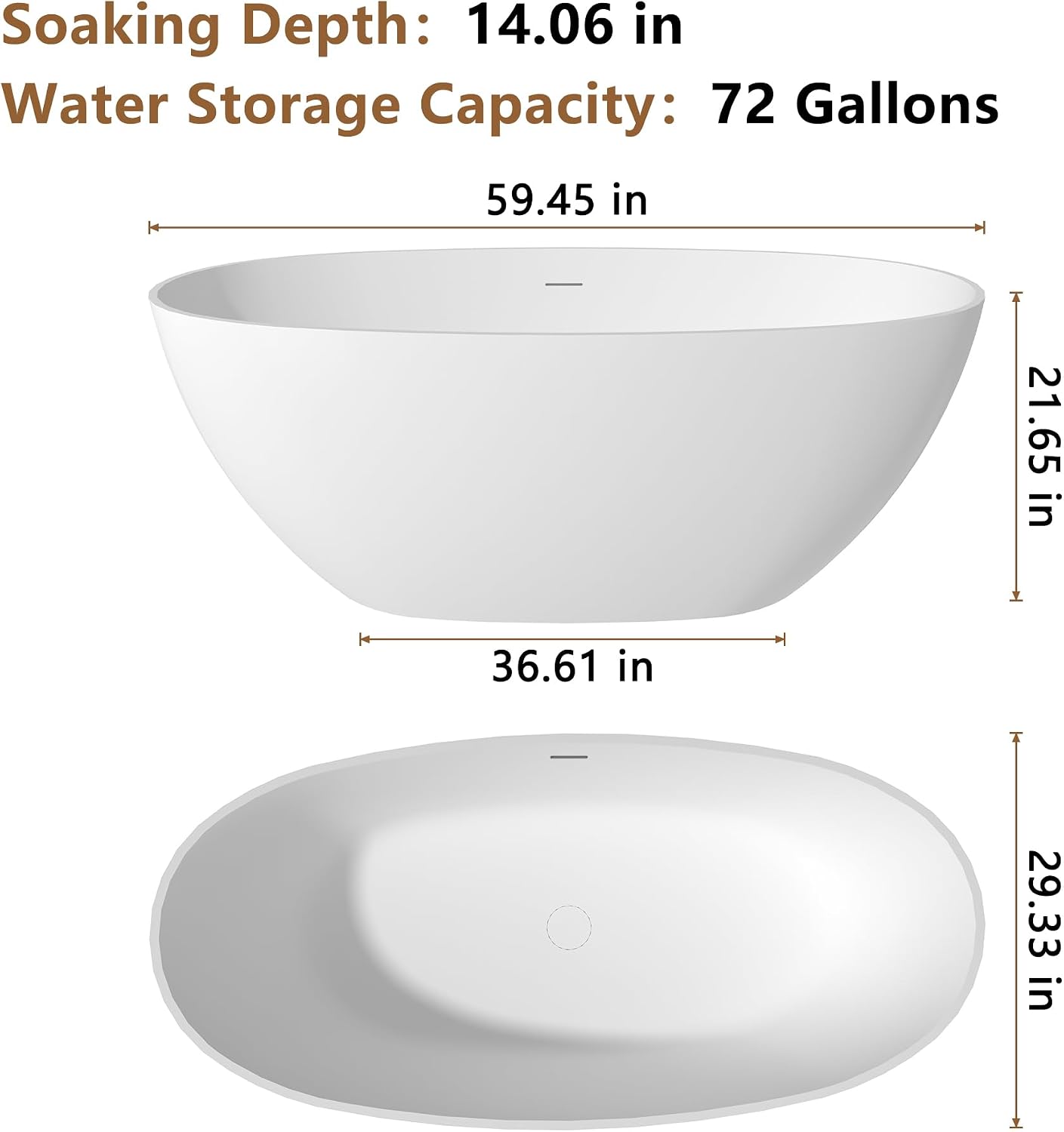 CASAINC 59'' Resin Stone Freestanding Bathtub, Matte White Soaking Bathtub Classic Oval Solid Surface Stand Alone Tub with Overflow and Pop-up Drain, Drain Hose & Sanding Paper