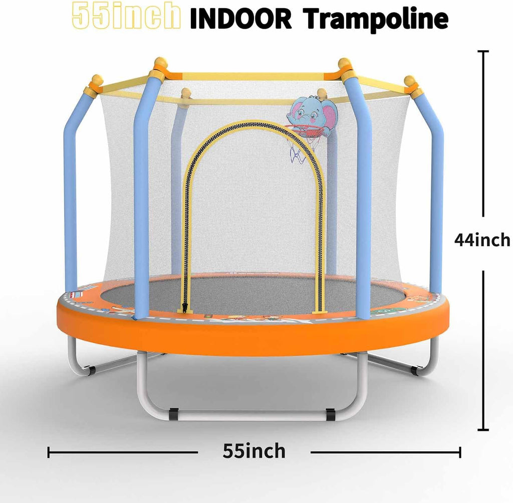 Mersco 55' Toddler Trampoline for Kids 2-5, 110lbs Indoor & Outdoor Mini Trampoline with Net, Basketball Hoop, for Boys & Girls