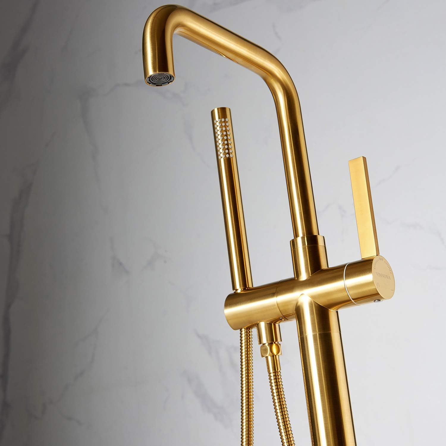 Vinnova Delara Freestanding Chrome Tub Faucet with Handheld Shower Bathroom Tub Filler, Floor Mounted, Brushed Gold Finish
