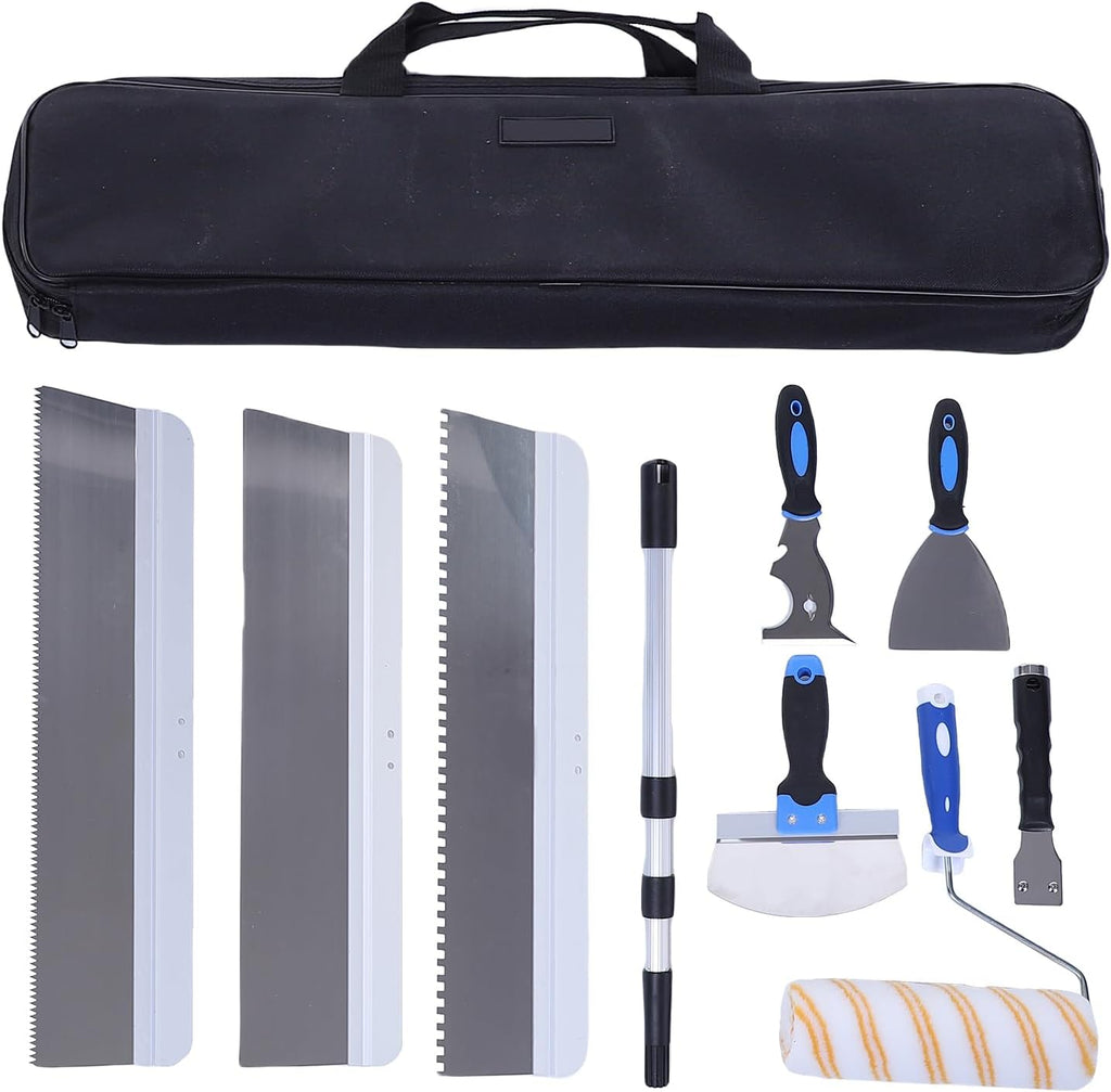 Asixxsix Drywall Knife Set, 10 Piece Stainless Steel Hand Tool Kit with Painter Scraper, Taping knife, Paint Rollers and Extension Pole for Walls, Ceiling and Trim Finishing Patching