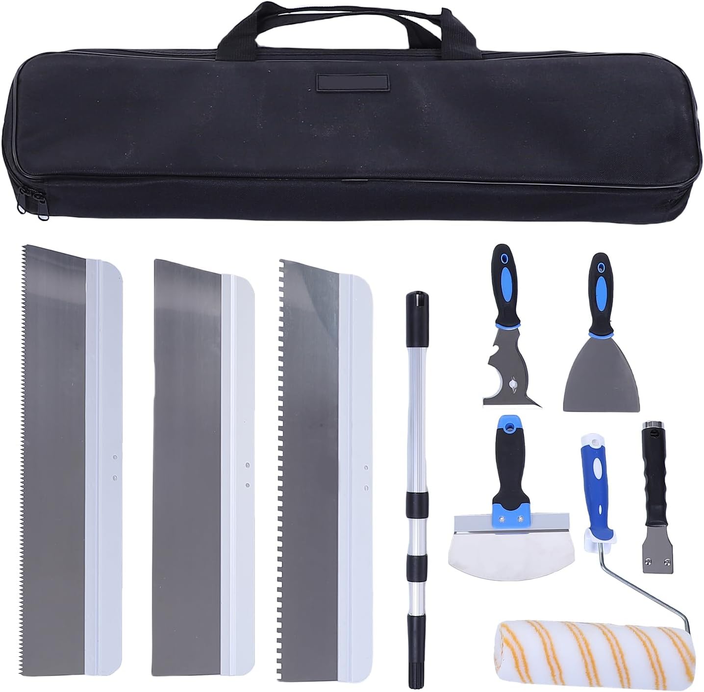 Asixxsix Drywall Knife Set, 10 Piece Stainless Steel Hand Tool Kit with Painter Scraper, Taping knife, Paint Rollers and Extension Pole for Walls, Ceiling and Trim Finishing Patching