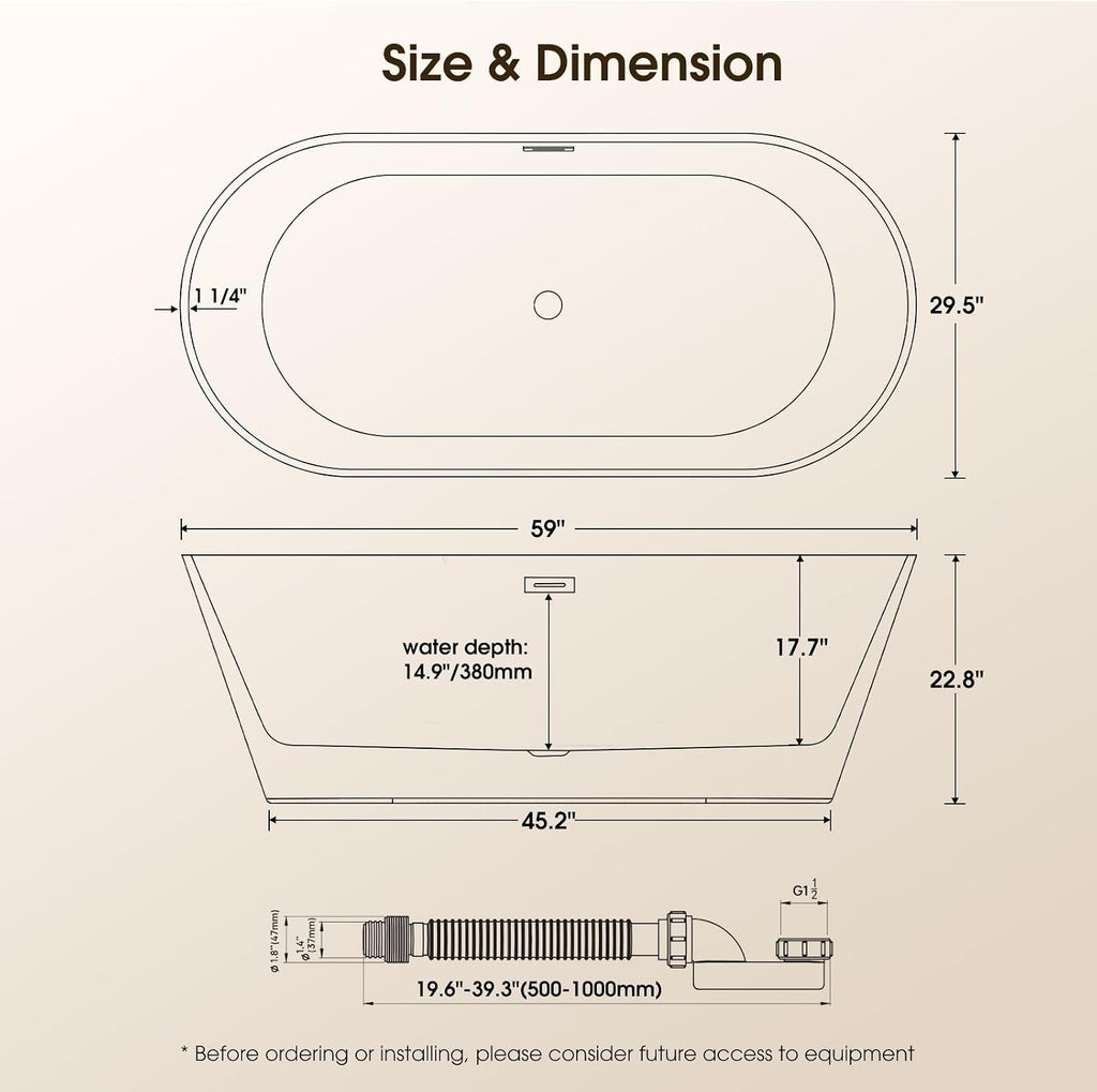 59' Acrylic Freestanding Bathtub,17.7' Deep Soaking Tub with Integrated Overflow & Drain, Non-Slip Base,CUPC Certified Free Standing Tub,Chrome Drain Bath Tub, Modern Tub for Bathrooms,Straight White