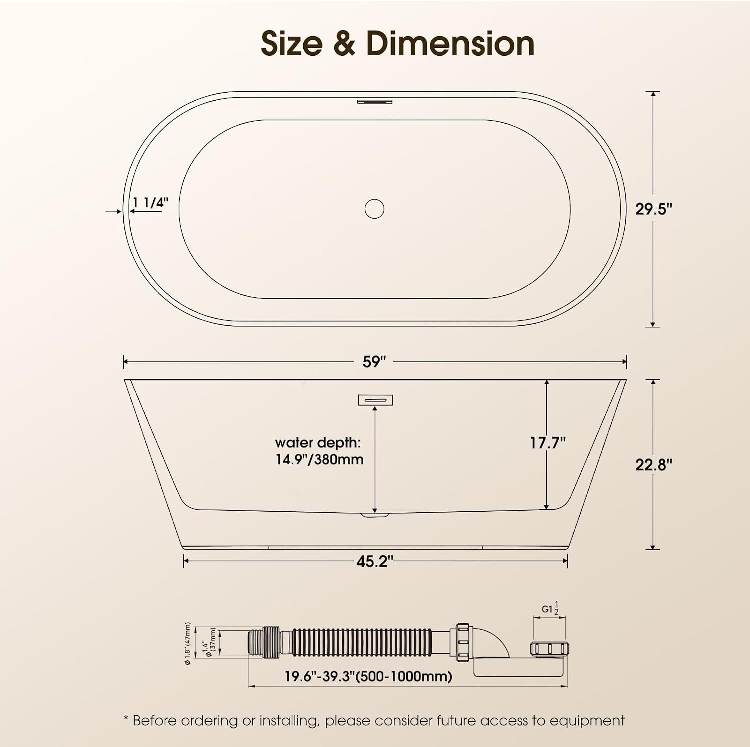59' Acrylic Freestanding Bathtub,17.7' Deep Soaking Tub with Integrated Overflow & Drain, Non-Slip Base,CUPC Certified Free Standing Tub,Chrome Drain Bath Tub, Modern Tub for Bathrooms,Straight White